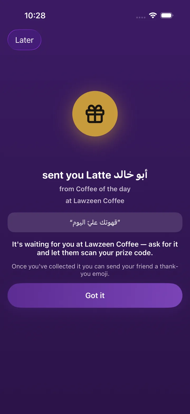 Gifting a prize in the customer's app