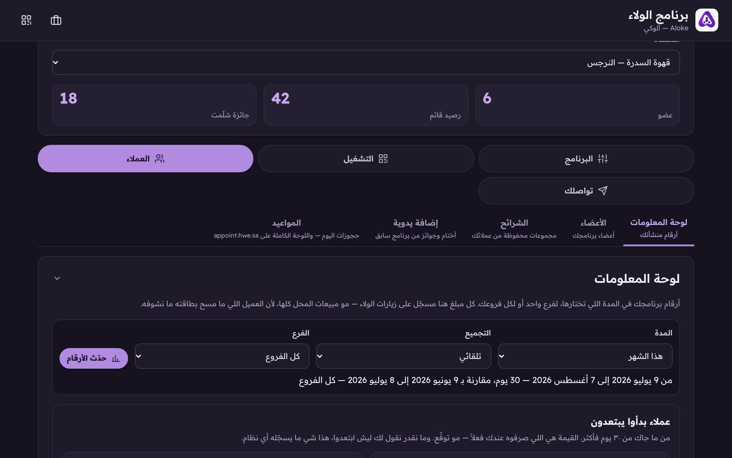 «لوحة المعلومات» تحت مجموعة «العملاء»، أرقام برنامجك في المدة اللي تختارها، لفرع واحد أو لكل فروعك.