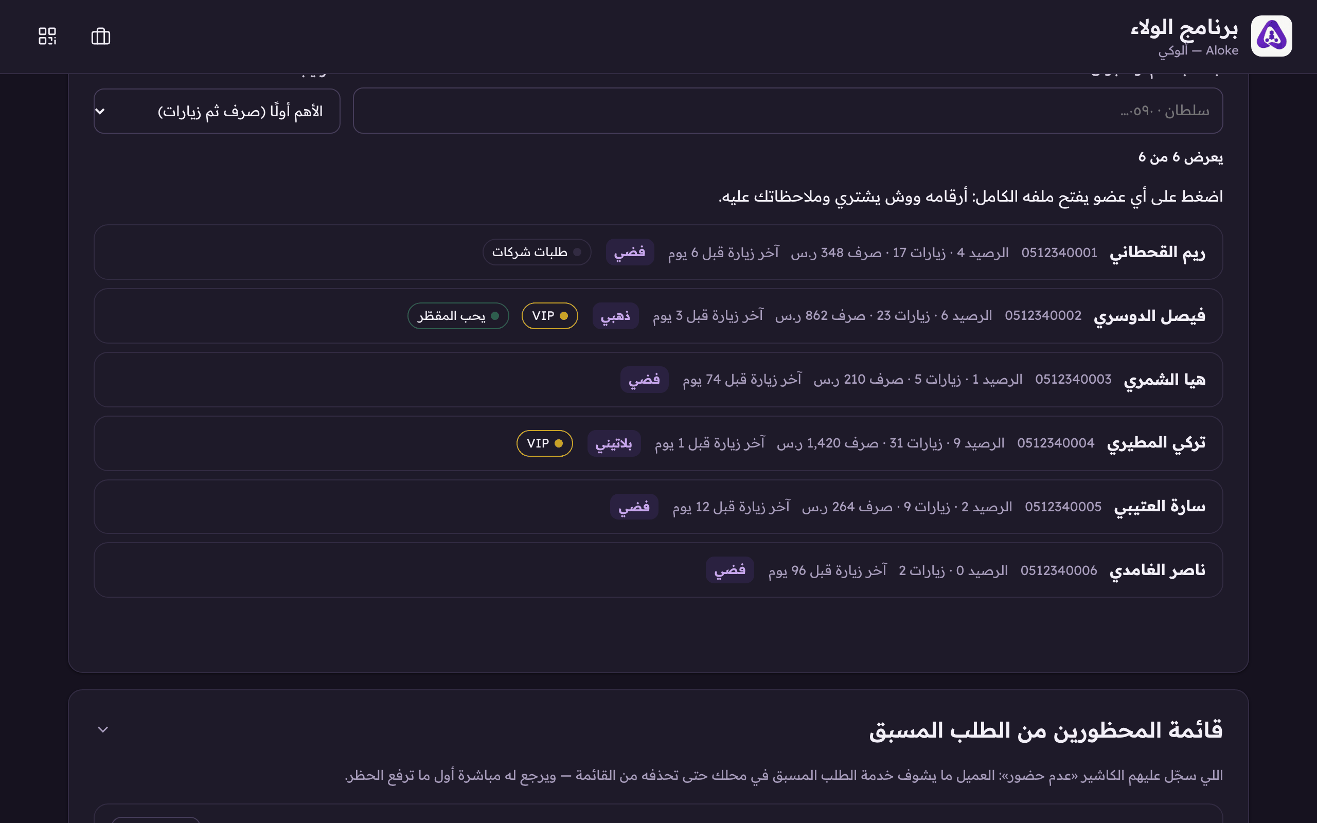 كل من انضم لبرنامجك: الاسم، الجوال، الرصيد وعدد الزيارات.