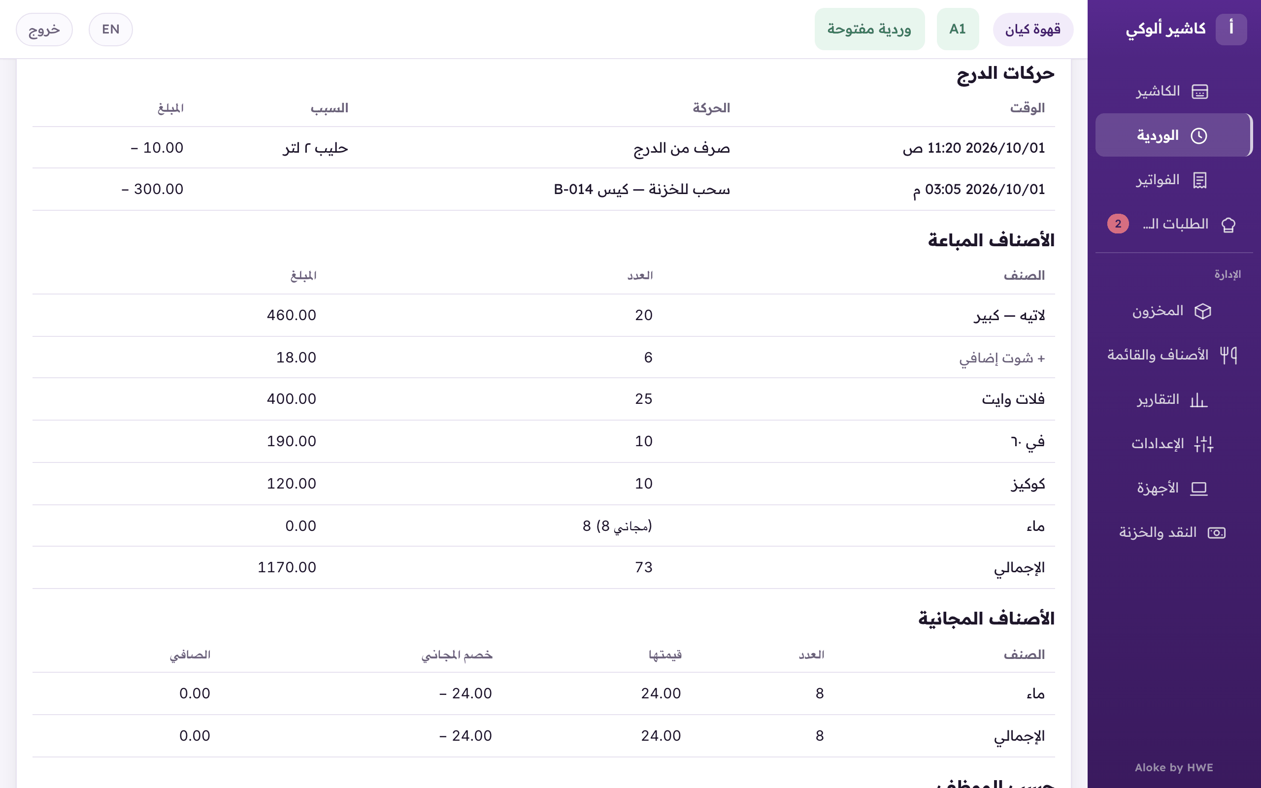 «الأصناف المباعة»: كل صنف وحجمه بعدده ومبلغه، والإضافات تحته، والمجاني بين قوسين.